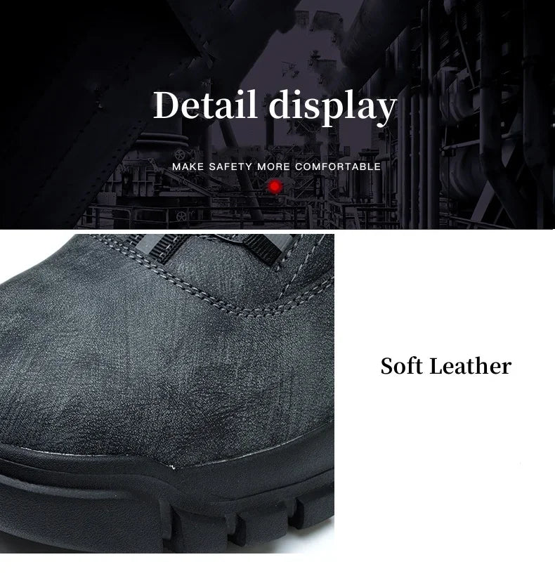 Black Leather Winter Fashion 2023 Rotating Buttons Safety Shoes Men Waterproof Work Boots Men Anti-puncture Protective Footwear