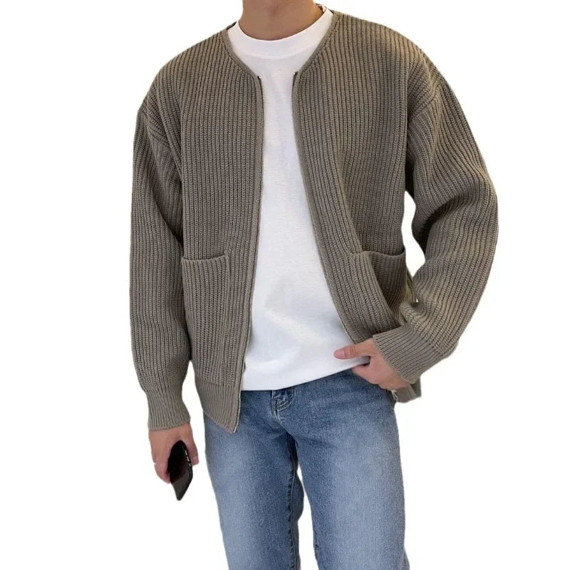 Men's Solid Color Slim-Fit Cardigan Zipper Sweater Autumn and Winter Sweater Coat Top Men Long Sleeve Stand Collar Sweater Coat