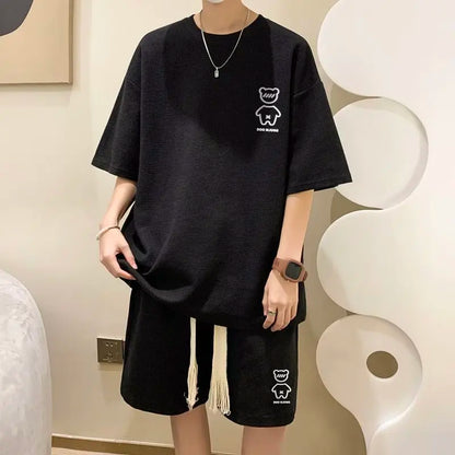 Korean Fashion Men Short Sets Hip Hop Rock Casual Short Suit Funny Bear Tshirts Shorts 2 Piece Set Summer Tracksuit Men 2023 New