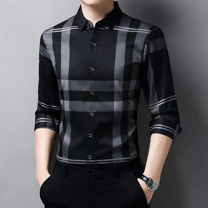 Fashion Men Casual Plaid Shirts Spring Autumn Streetwear Loose Long Sleeve Lapel Male Clothing Basic Business Bottoming Blouse 98 Gray