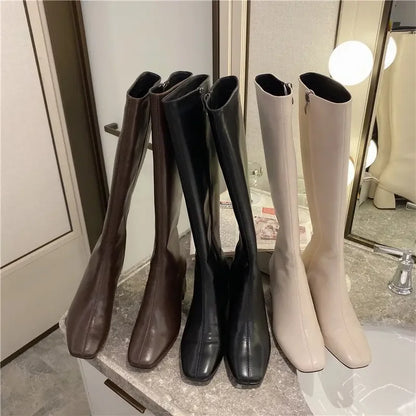 Women Warm Long Boots Woman Knee High Booties Ladies Shoes Platform Thick Heel PU Leather Soft Zipper Woman Fashion Winter 2023