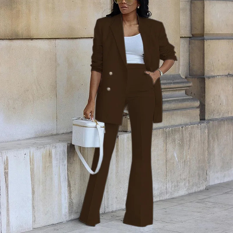 Women's Clothing 2023 Autumn New Solid Color Casual Suit Wide-leg Pants Suit Two-piece Suit Ensemble Femme 2 Pièces été Dark Brown