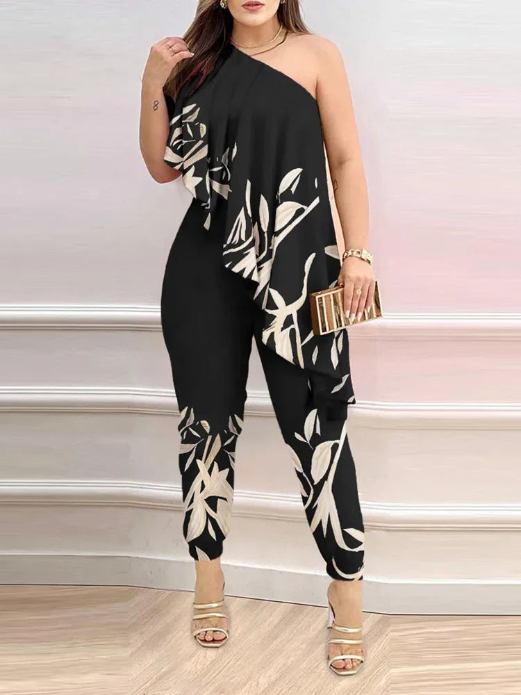 Sexy One Shoulder Jumpsuits Woman 2023 Summer New Fashion Asymmetrical Ruffles Plain Sleeveless Print Long Jumpsuit Clothing Black print