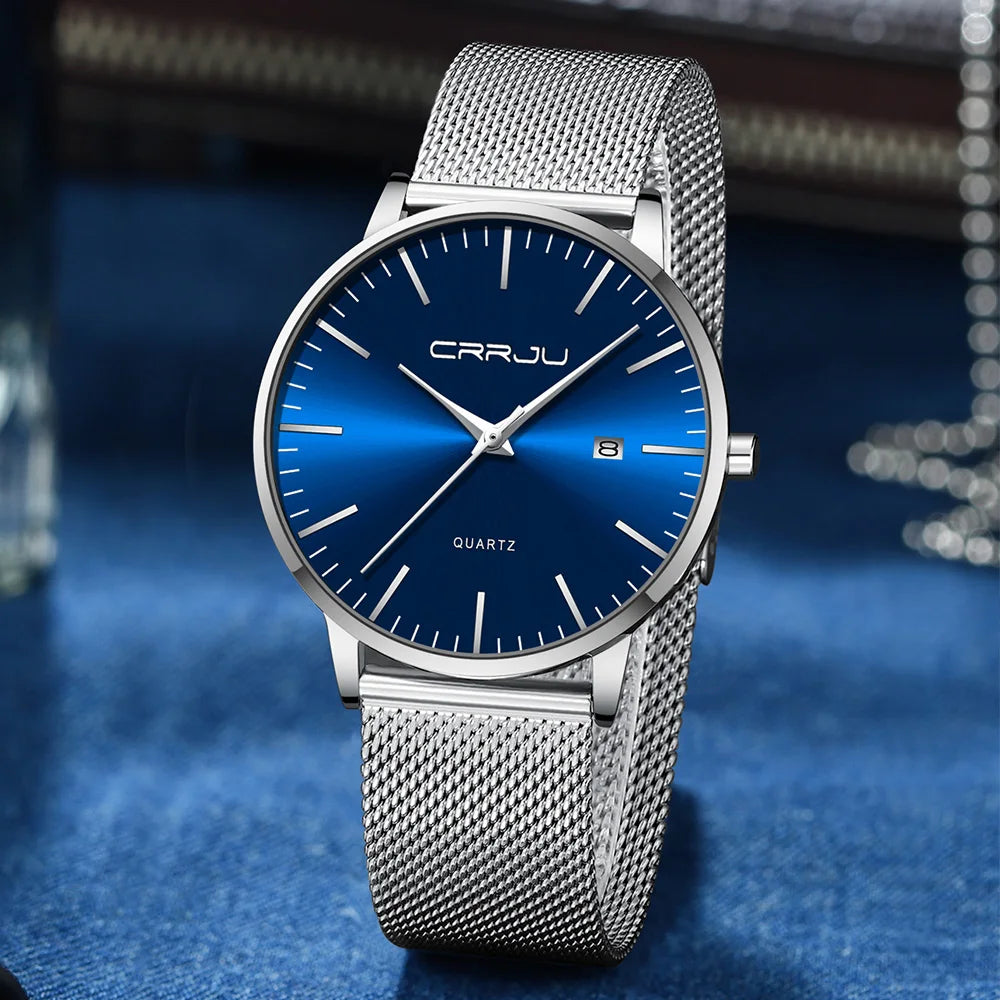 CRRJU Watch for Men, Stainless Steel 40mm with Mesh Strap Mens Watches,Classic Ultra Slim 7mm Men's Wrist Watches Automatic