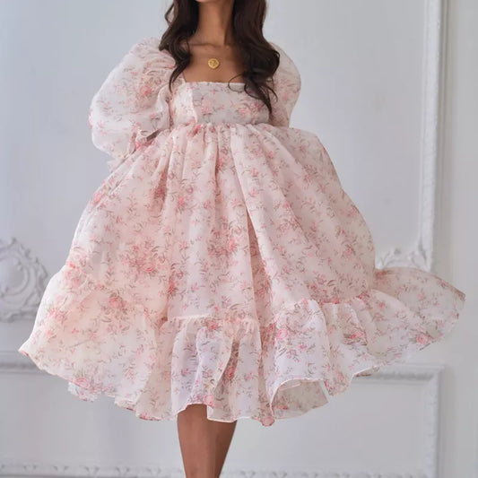 The Renaissance Girl French Puff Dress 90s Vintage Chic Women Floral Print Ruffles A-line Dress for Birthday Party Night Evening