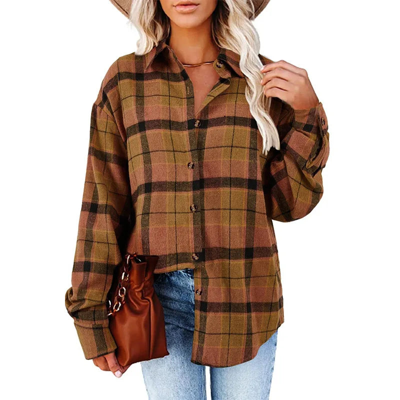 2024 New Spring Autumn Women Blouses Tops Female Casual Loose Boyfriend Plaid Shirt Women Long-sleeve Lapel Tops 2XL Shirts