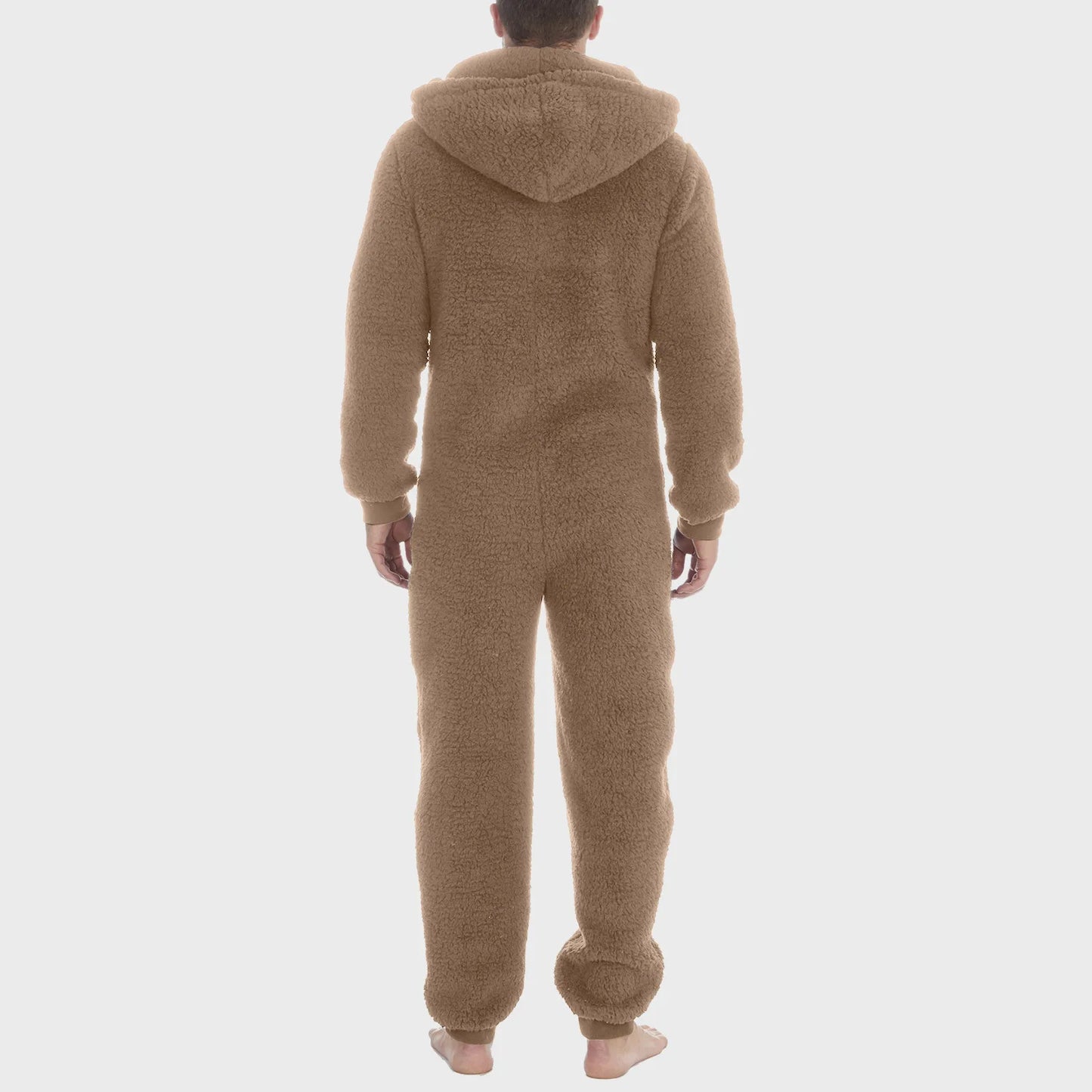 Winter Men Artificial Wool Jumpsuit Pajamas Fleece Warm Men Drawstring Bodysuit Sleepwear Solid Color Zipper Loose Hooded