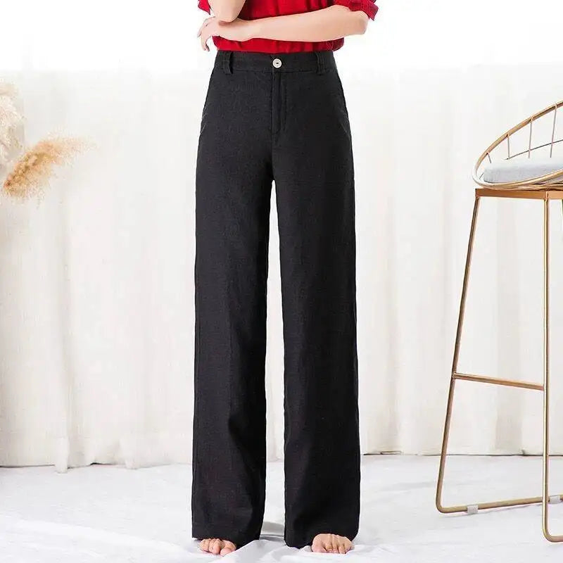 Summer High Waist Pants Women Korean Fashion Cotton Linen Wide Leg Pantalones Solid Loose Vintage Straight Sport Trousers S-3XL black CHINA