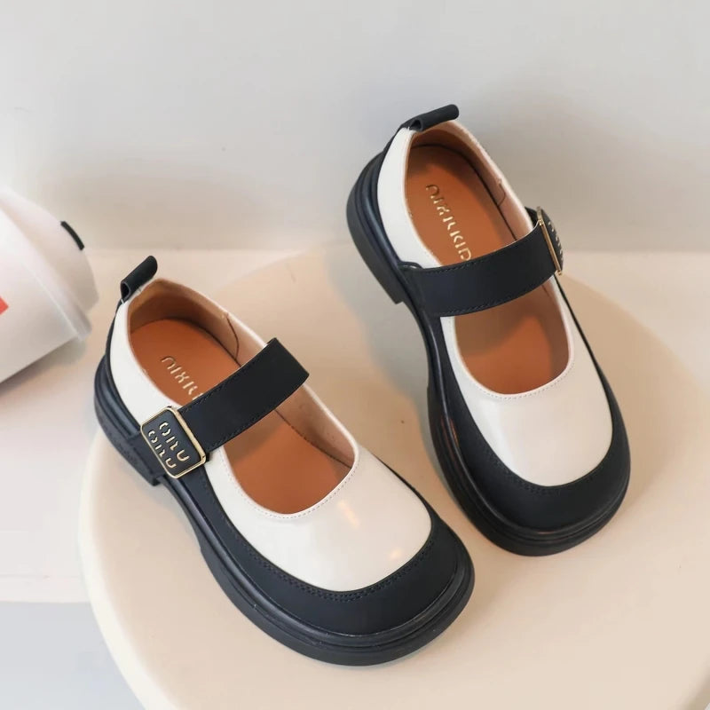 Girls' Leather Shoes Spring and Autumn New Children's British Fashion Temperament Princess Black Patchwork Campus Single Shoe