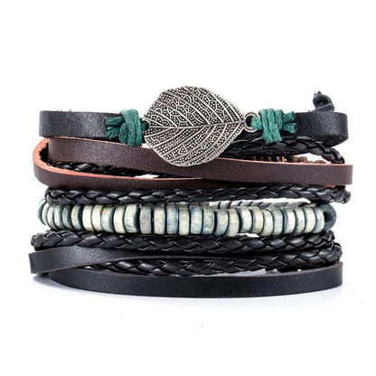 4Pcs/ Set Braided Wrap Leather Bracelets For Men Vintage Life Tree Rudder Charm Wood Beads Ethnic Tribal Wristbands 10