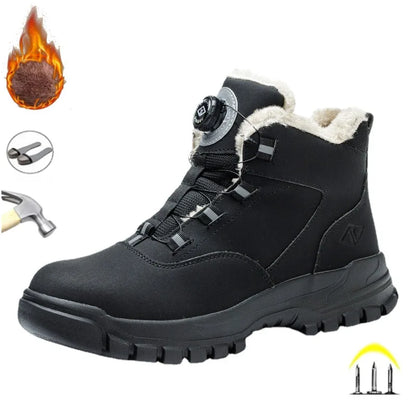 Black Leather Winter Fashion 2023 Rotating Buttons Safety Shoes Men Waterproof Work Boots Men Anti-puncture Protective Footwear