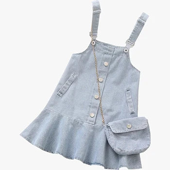 4-12 Years Girls Clothing Sets Summer Suspender Dress Little Princess Suit Fashion Straps Denim Overalls Send Bag Birthday Gift As the picture 1 CHINA