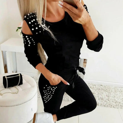 Tracksuit Women Two Piece Set Beading Decor Cold Shoulder Long Sleeve Top + Jogger Pants Suit Female Casual Lounge Wear Outfits