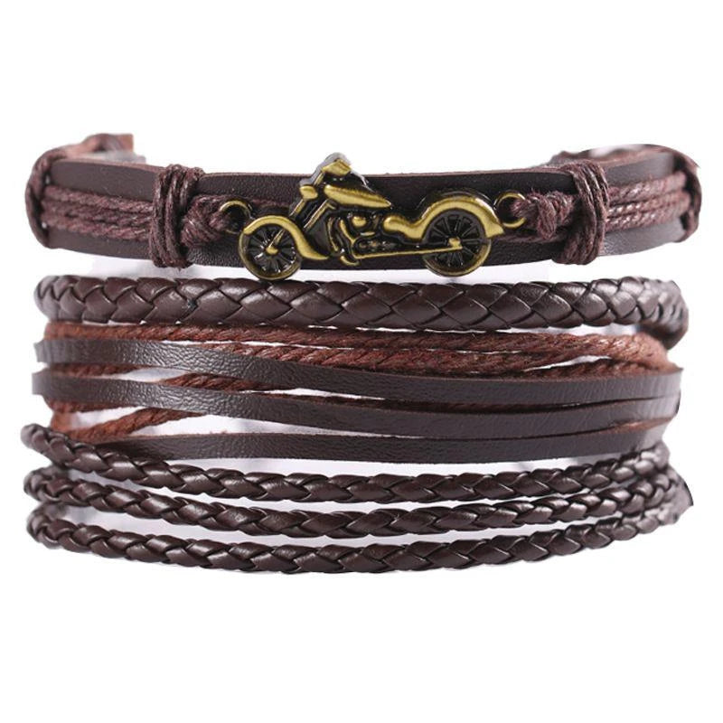 4Pcs/ Set Braided Wrap Leather Bracelets For Men Vintage Life Tree Rudder Charm Wood Beads Ethnic Tribal Wristbands 17