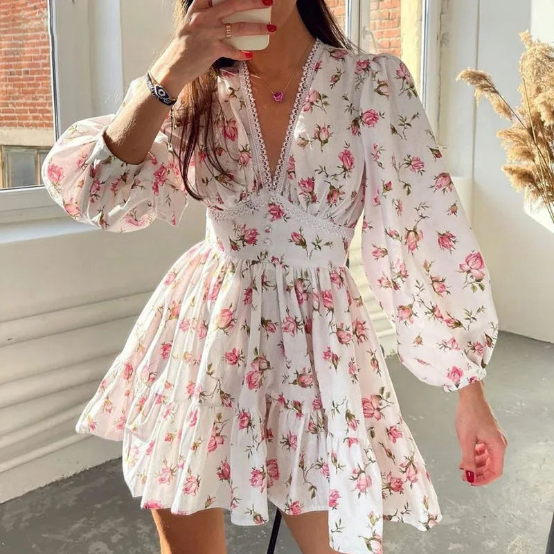 New Fashion Womens Floral Print Mini Dress Summer Long Sleeve Deep V Neck High Waist A-Line Dress Street Style Hot Sale S-XL