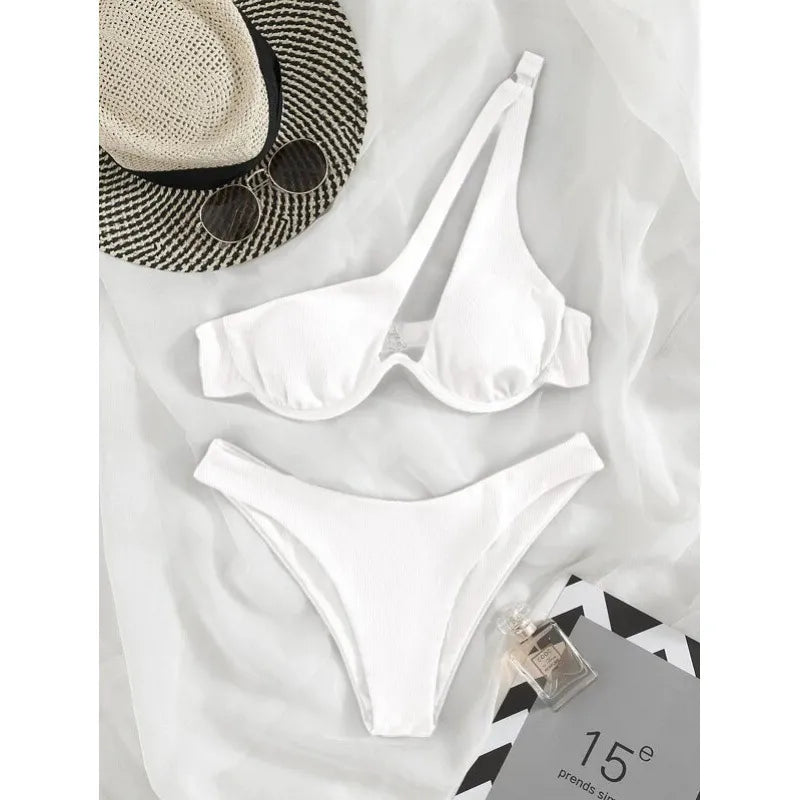 2023 One Shoulder Bikini Set Sexy Bikinis Swimsuits Cut Out Women's 2 Peices Swimwear Biquini Summer Bathing Suits Push Up Beach White