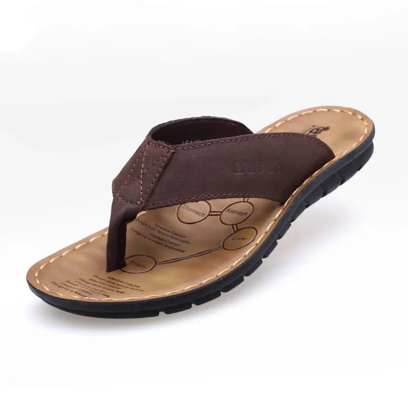 Summer Shoes Men Slippers Genuine Leather Beach Slippers Outdoor Anti-slip Mens Flip Flop Sandals Male Casual Leather Sandals Brown