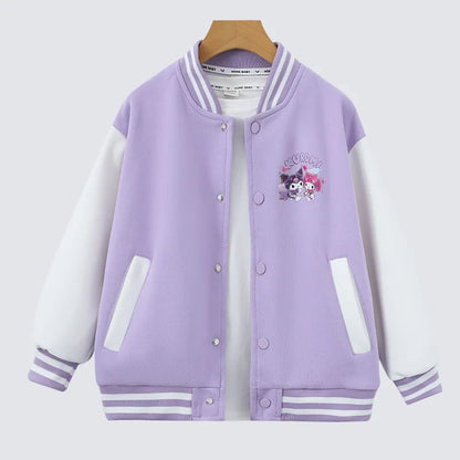 MINISO Sanrio Kuromi Jackets For Girls Spring Autumn Teen Kids Cartoon Princess Cardigan Children's Baseball Uniform Sports Tops