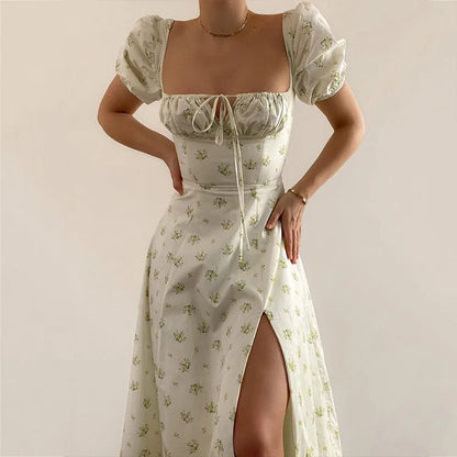 Lovely Elegant French Floral Printed Half-Sleeve Maxi Dress Women's Sexy Backless Slim Halter Split Dresses A-Line Robe Vestidos XBLS