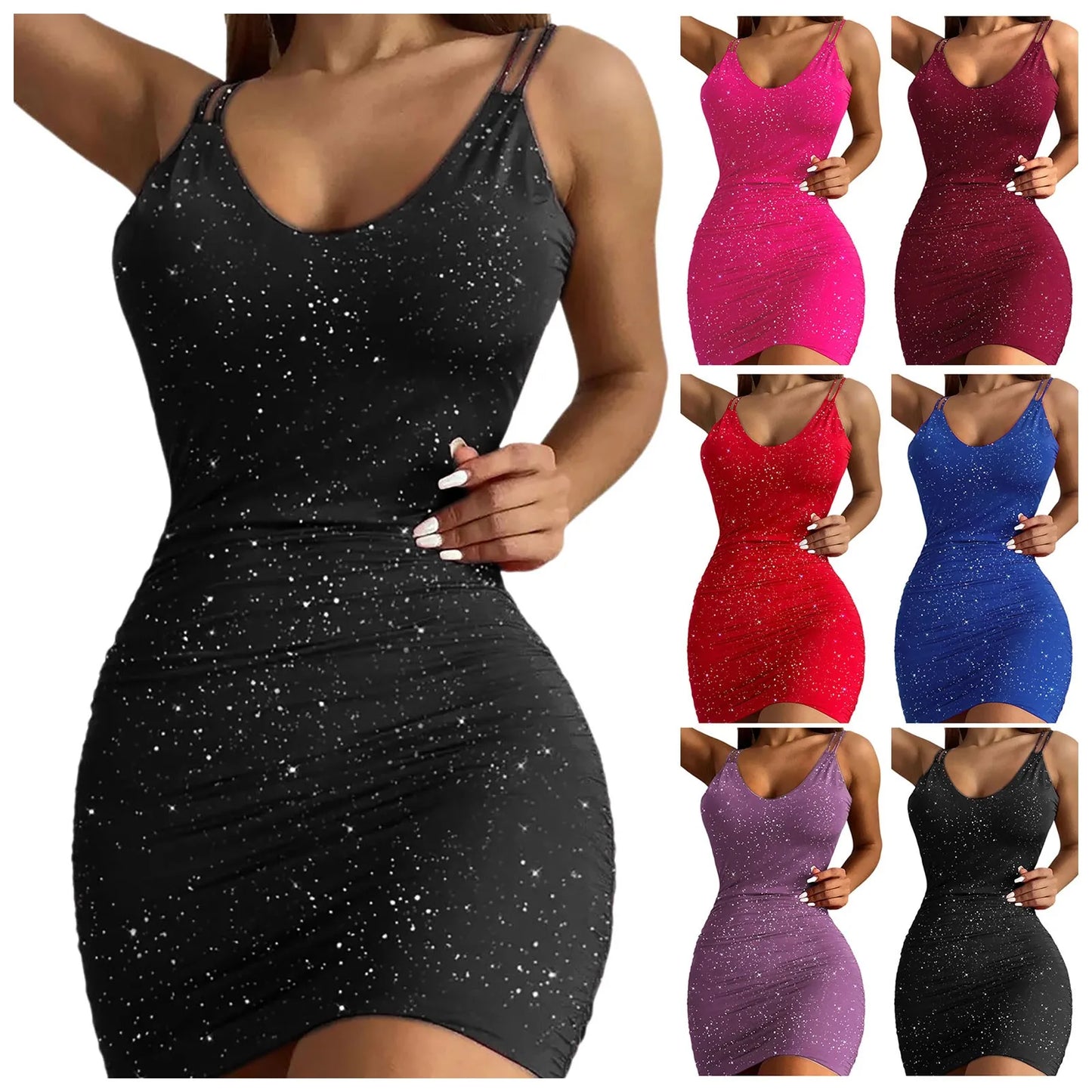 Elegant Women's Party Dresses 2024 Summer Fashion Gold Sprinkled V-Neck Tight Vest Dress Sexy Women's Evening Dress Midi Dresses