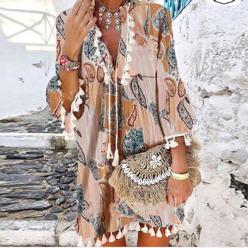 Women Vintage Print V Neck Tassel Mini Dress Casual Loose Three Quarter Sleeve Beach Dress 2024 Spring Summer Party Dress Femme 02