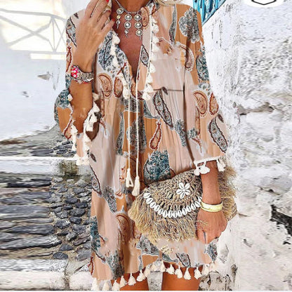 Women Vintage Print V Neck Tassel Mini Dress Casual Loose Three Quarter Sleeve Beach Dress 2024 Spring Summer Party Dress Femme 02