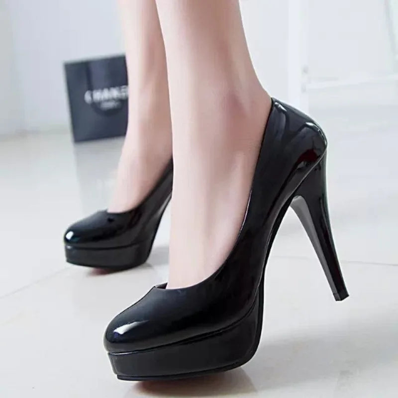 European and American High Heels 2024 Summer New Solid Color Patent Leather Round Toe Set Shallow Mouth Slim Heel Women's Shoes