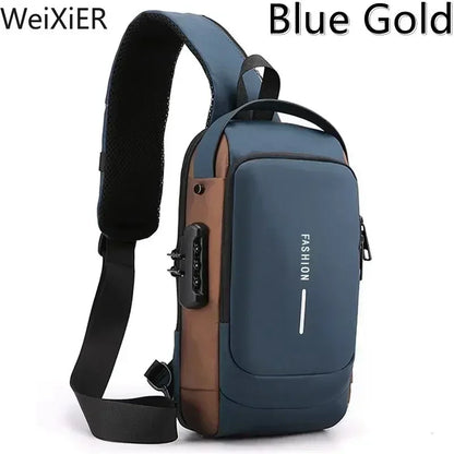 Men Anti Theft Chest Bag Shoulder Bags USB Charging Crossbody Package School Short Trip Messengers Bags Men's Oxford Sling Pack Blue 1818