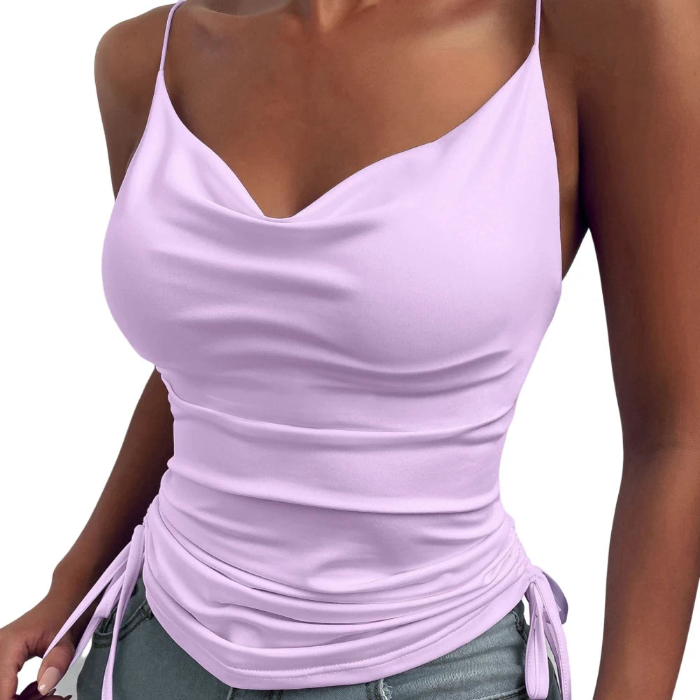 Women's Tank Top Suspender Solid Color Deep V-neck Tight-fitting Drawcord Design Summer Suspender PURPLE