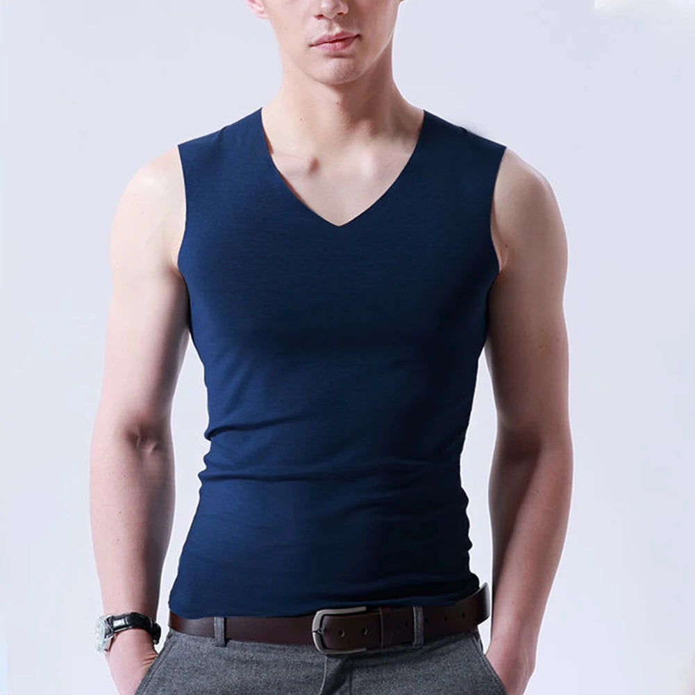 Basic Men's Ice Silk Sleeveless Tanks Top Vest Solid Color V-Neck Undershirt Muscle Vests T Shirt For Men Tee Male Clothing Navy CHINA