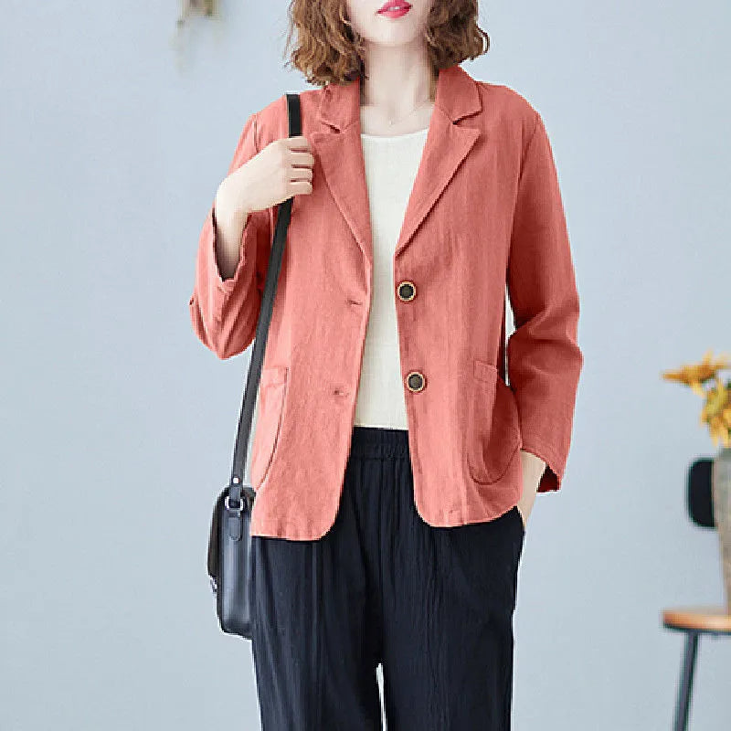 2023 Spring Summer Short Coat Cotton And linen Blazer Suit Collar Jacket Women's Casual Solid Color 3/4 Sleeves Shirt Cardigan