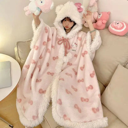 Sanrio Pajamas Hellokitty Nightgown Women's Coral Velvet Autumn and Winter Thickened Cloak Hello Kitty Pajamas Home Clothes