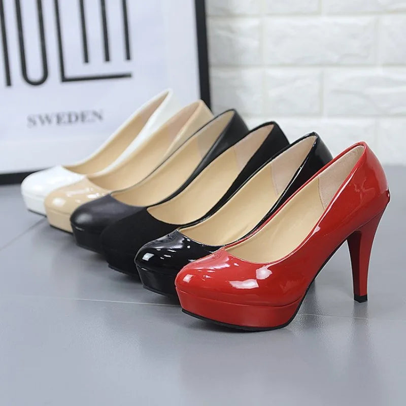 European and American High Heels 2024 Summer New Solid Color Patent Leather Round Toe Set Shallow Mouth Slim Heel Women's Shoes