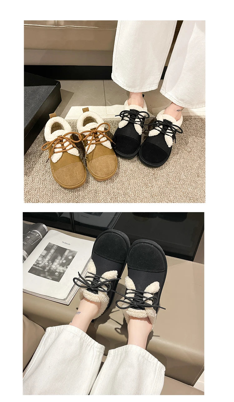 Fashion khaki Winter Shoes Women Low-cut Plush Flat Shoes for Women Non-slip Outdoor Female Cotton Shoes Cozy Fur Ladies Loafers