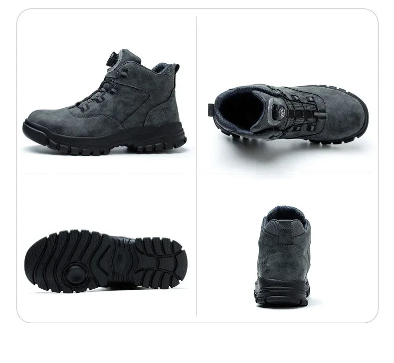 Black Leather Winter Fashion 2023 Rotating Buttons Safety Shoes Men Waterproof Work Boots Men Anti-puncture Protective Footwear