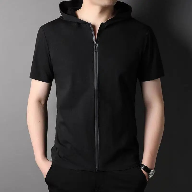 Cute 2023 Men Summer Trend Stand Collar Zipper Cardigan Shirts Solid Short Sleeve Comfortable Business Casual Top Ropa Hombre Camisas Black Hooded