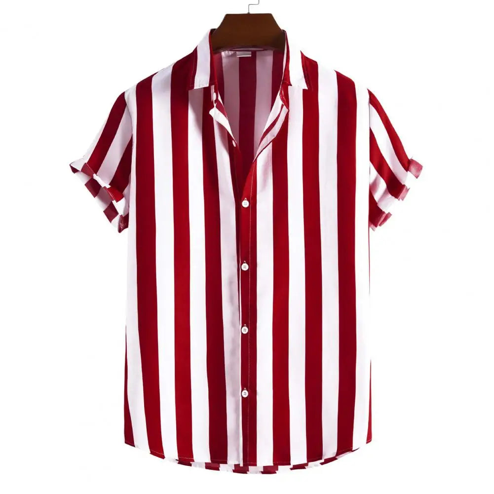 Summer Men Shirt Striped Hawaii Buttons Short Sleeve Shirt Beachwear camisas masculina homme camisas de hombre рубашка мужская Wine Red