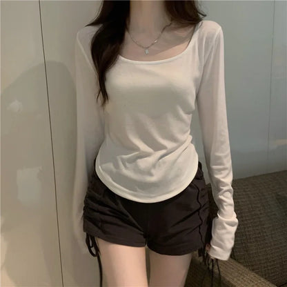 Square Neck Long Sleeve T-Shirt Women Spring Autumn New Irregular Hem Slim Casual Top Winter Solid Bottom Shirts New Korean White