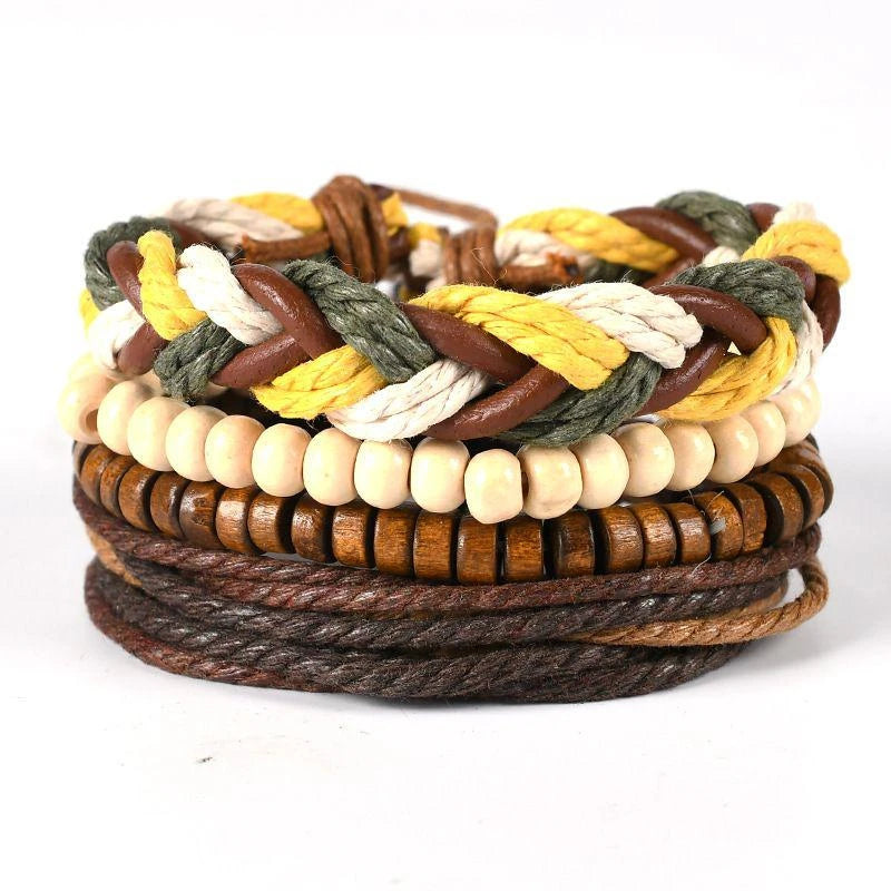 4Pcs/ Set Braided Wrap Leather Bracelets For Men Vintage Life Tree Rudder Charm Wood Beads Ethnic Tribal Wristbands 11