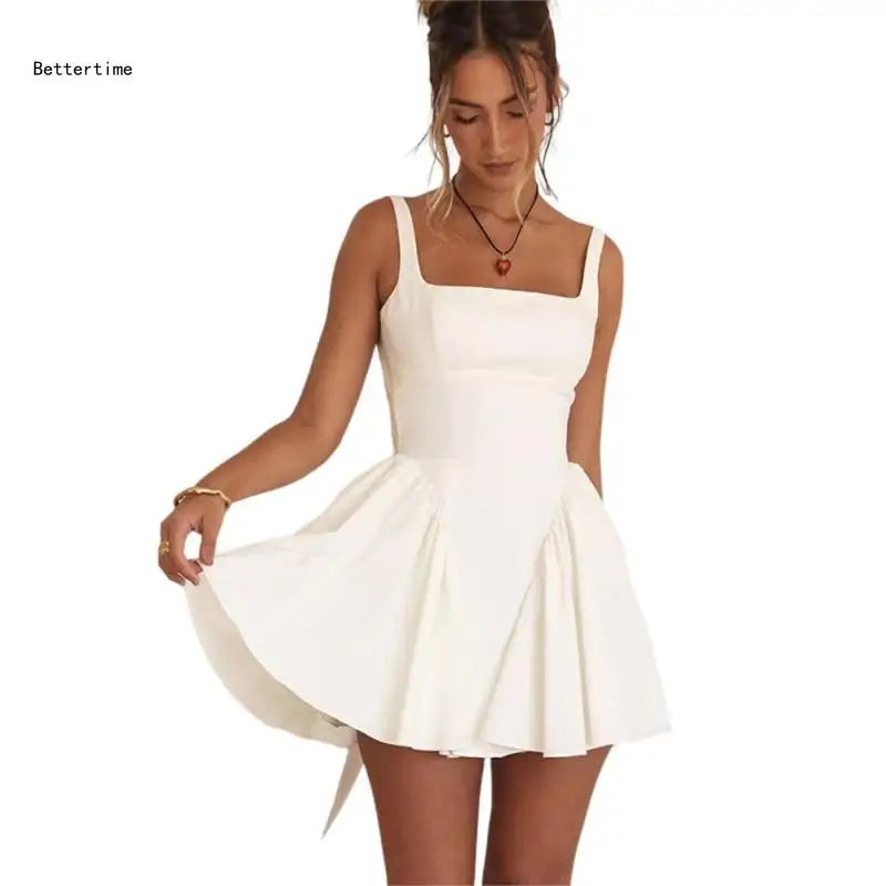 B36D Elegant Square Neck Women's Dress with Butterfly Straps Detail Backless Mini Dress Suitable for Various Occasion White