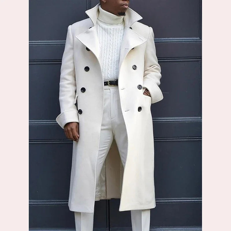 Fashion White Long Jackets Trench Wool Blends Men's Overcoat Long Trench Coat Double Breasted Coats Streetwear Party Loose Jacket