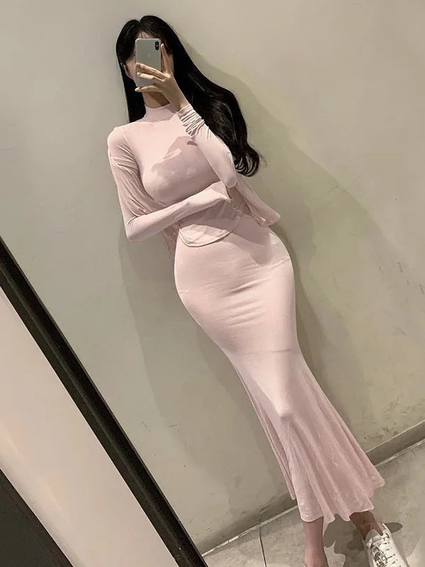 WOMENGAGA Skirts Set Pink Korea Slim Sexy Fashion Three Piece Set For Women Tight Half High Neck Short Sleeve T Shirt 70BE