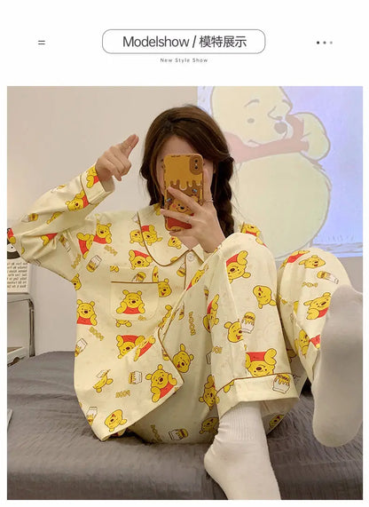 Elegant Winnie The Pooh Bear Cute Pajamas Women Spring Autumn Long Sleeve Sleepwear Fashion Kawaii Loose Cartoon Home Clothes Y2k