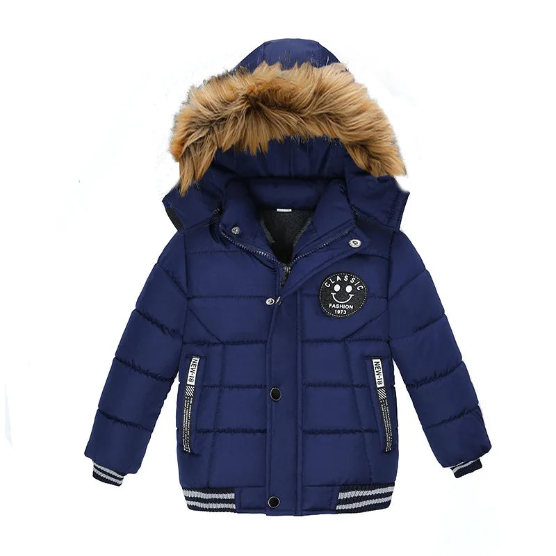 2 3 4 5 6 Years Boys Jacket Autumn Winter New Solid Color Thicken Hooded Zipper Fashion Fur Collar Kids Keep Warm Outerwear