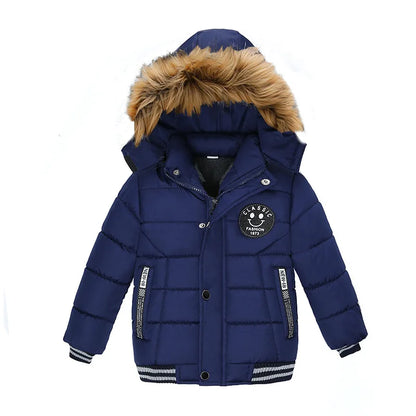 2 3 4 5 6 Years Boys Jacket Autumn Winter New Solid Color Thicken Hooded Zipper Fashion Fur Collar Kids Keep Warm Outerwear