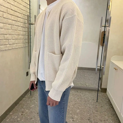 Men's Solid Color Slim-Fit Cardigan Zipper Sweater Autumn and Winter Sweater Coat Top Men Long Sleeve Stand Collar Sweater Coat