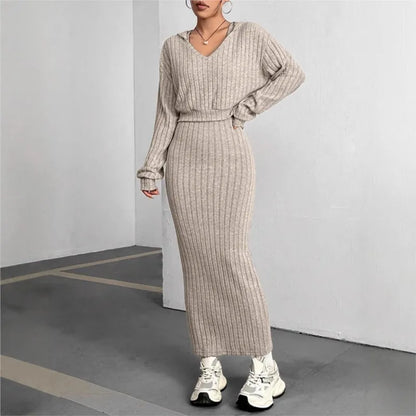 Women's New Fashion Suit Fall Winter Hooded Shawl Long-sleeve Sweatshirt Vest Short Skirt Slim Two-piece Set Suit Women Clothing