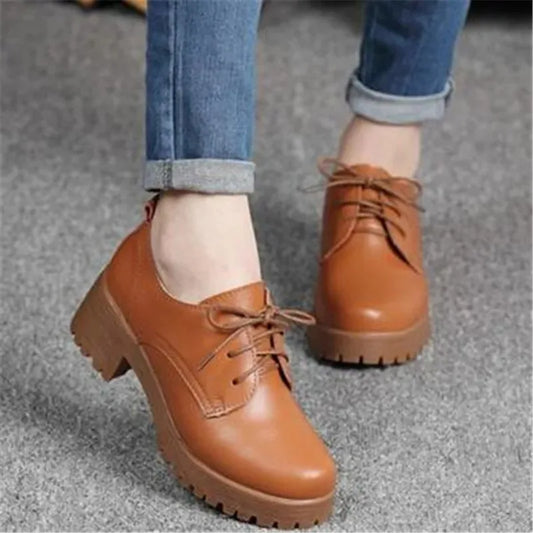 Spring\winter British Style Split Leather Women Square Heel Flat Platform Shoes Woman Lace-up Oxford Shoes for Women