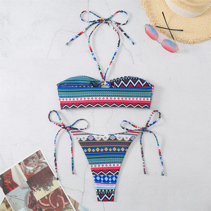 Boho Print Bikini Halter String Bandeau Swimsuit Separate Retro Trend Swimwear Y2K Beach Micro Tanga Women Vacation Bathing Suit