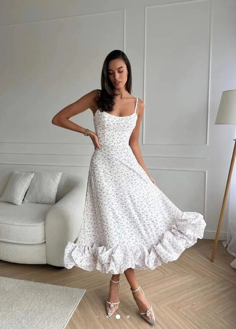 Elegant Ruffle Solid Sling Long Dress Women Strap Waist Party Dresses Fashion Sleeveless Backless Beach Swing skirt A-line tutu dot